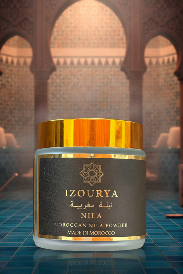 A jar of IZOURYA Moroccan Nila Powder with a black label and a shiny gold metallic lid, set against a plain white background.