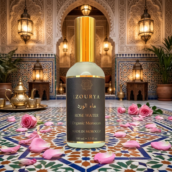 A bottle of IZOURYA Organic Moroccan Rose Water, featuring a dark brown label with gold lettering and a shiny gold cap, set against a plain white background.