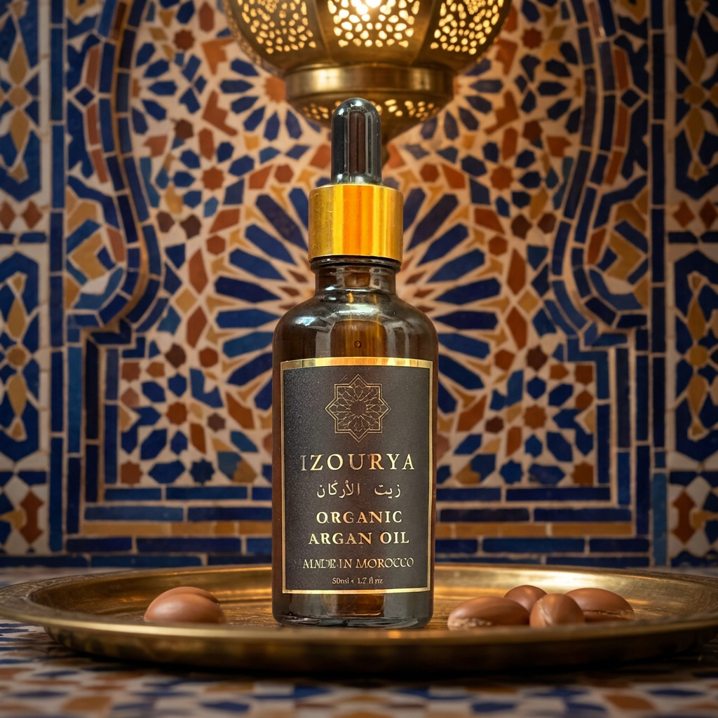 A 10ml amber glass dropper bottle of Izourya Organic Argan Oil, featuring a black label with gold lettering and a gold collar on the dropper cap, set against a plain white background.